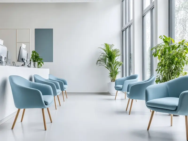 Modern waiting room with blue chairs and plants.
