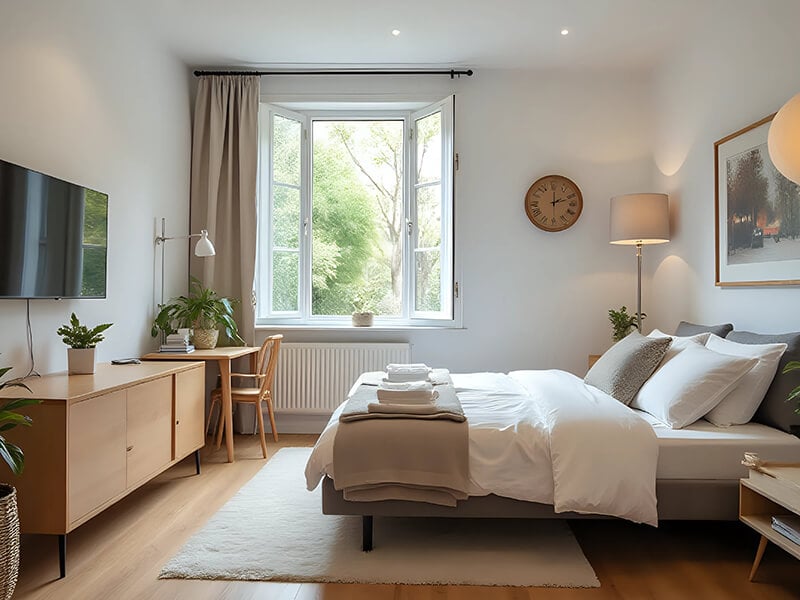 Modern bedroom with natural light and wooden furniture.