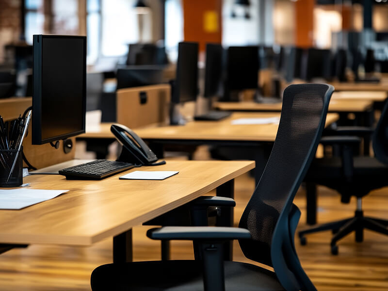 Empty open-plan office with desks and chairs.